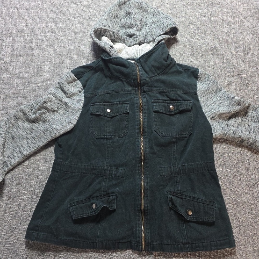 Ashley Utility Collection Size Large Denim & Knit Jacket Zip Front Black Grey L - Picture 2 of 9